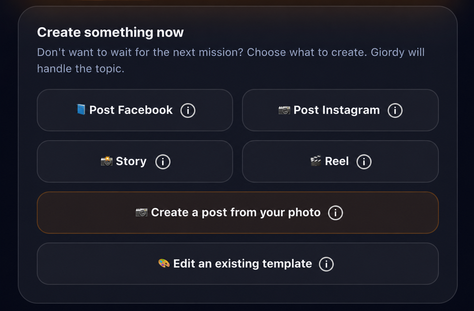 PostMarket AI screen with options for Facebook posts, Instagram posts, Stories and Reels