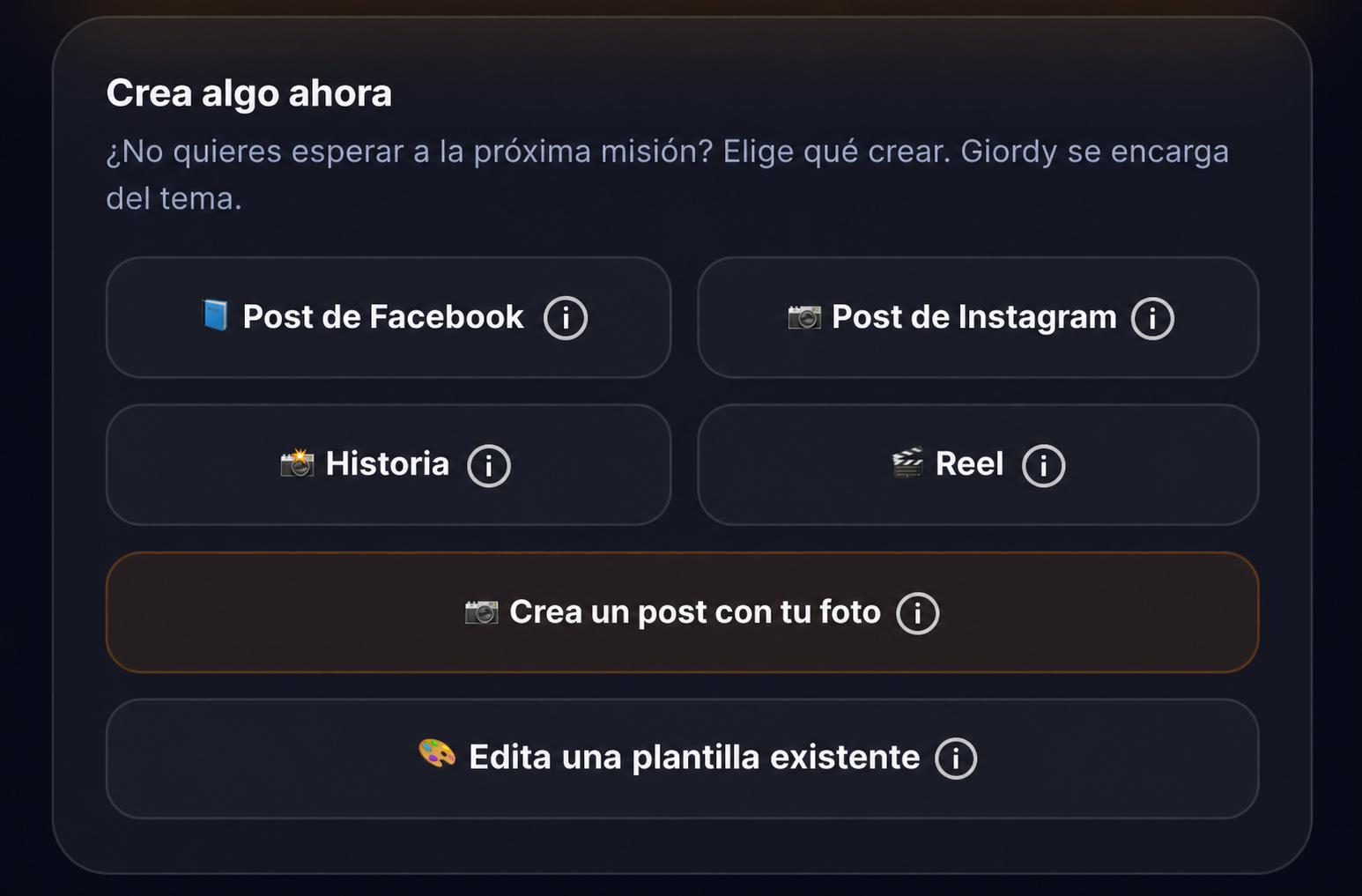 Pantalla de PostMarket AI con opciones para crear posts de Facebook, posts de Instagram, Historias y Reels