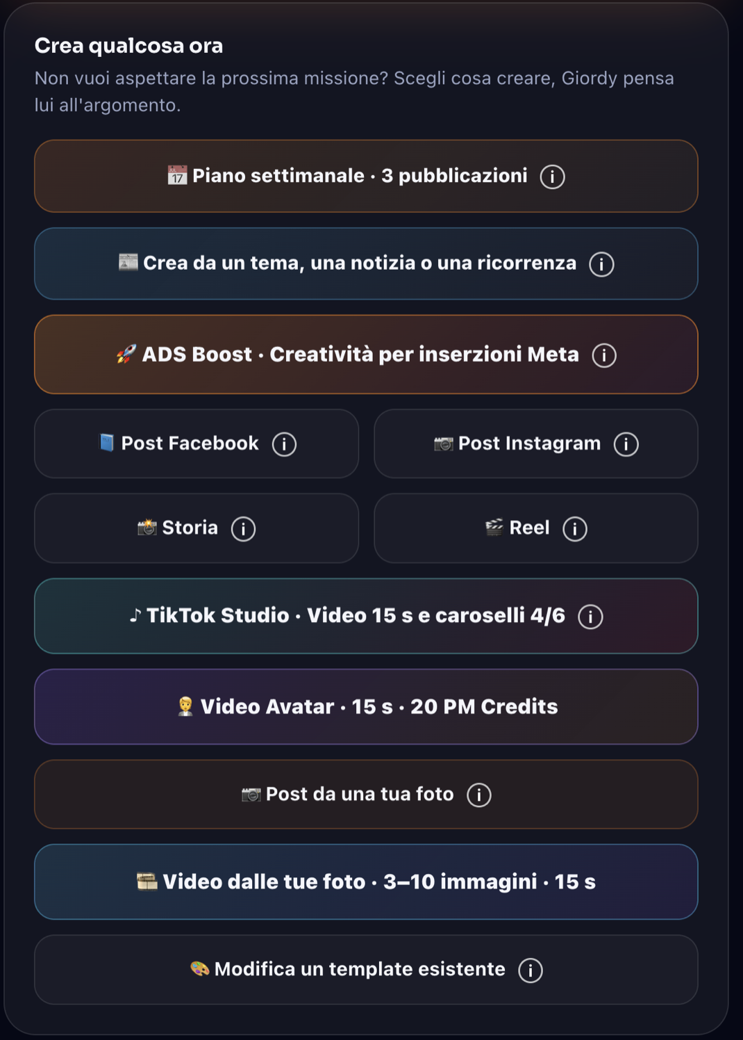 Schermata aggiornata di Post Market con piano settimanale, ADS Boost, social, TikTok Studio, Video Avatar e contenuti da foto